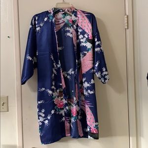 Blue floral peacock satin robe